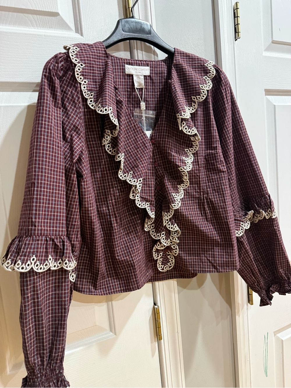 Caroline Constas Plaid Blouse in Red & White NWT